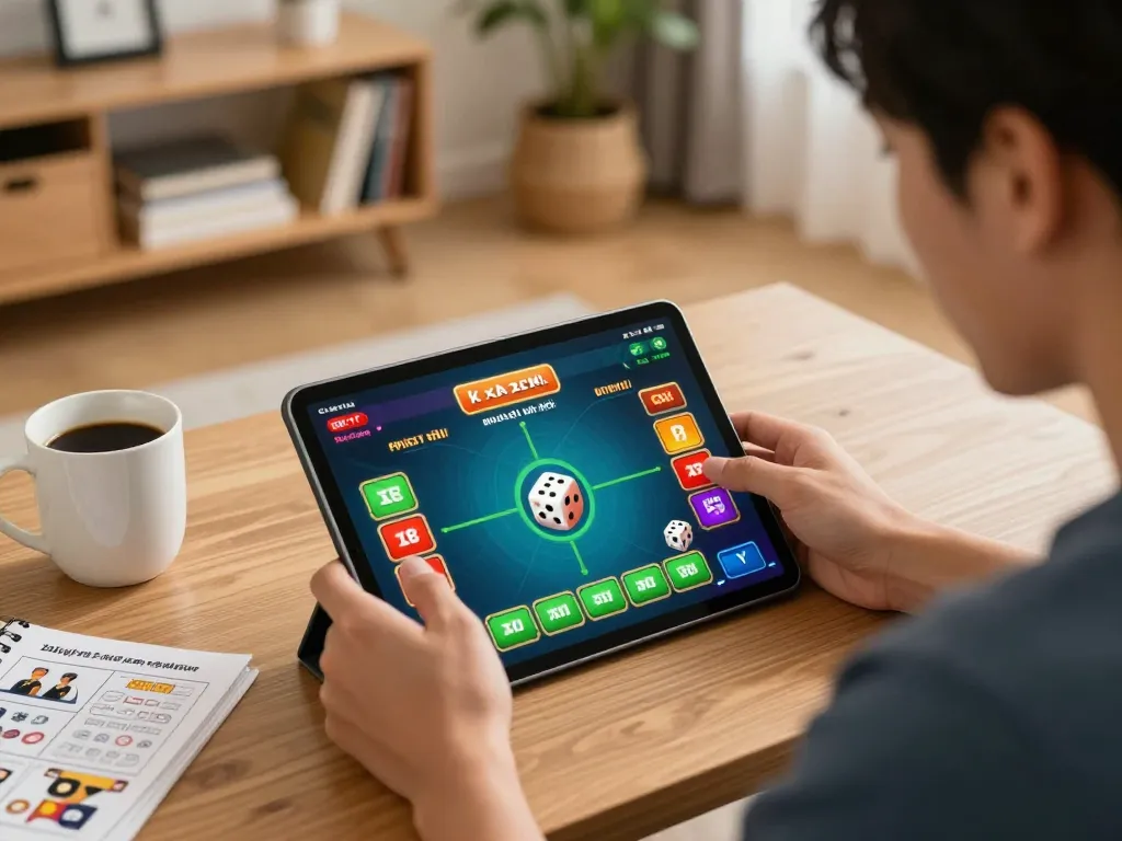 Engaging with app tài xỉu online uy tín in a cozy home setting, showcasing colorful gaming interface.
