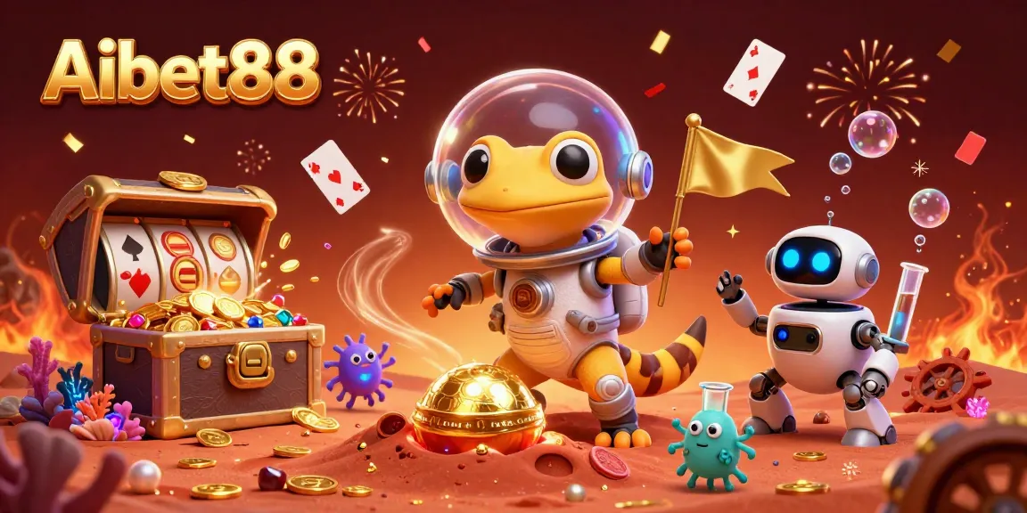 Aibet88 showcases a vibrant 3D scene with a Martian gecko exploring a golden casino, surrounded by dynamic game elements.