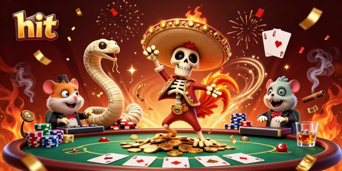 Hit big with dynamic casino scene featuring skeleton mariachi rooster and poker elements.
