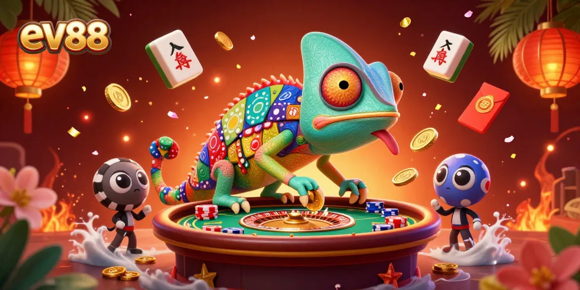 Experience ev88's vibrant casino scene with a colorful chameleon and dynamic game symbols.