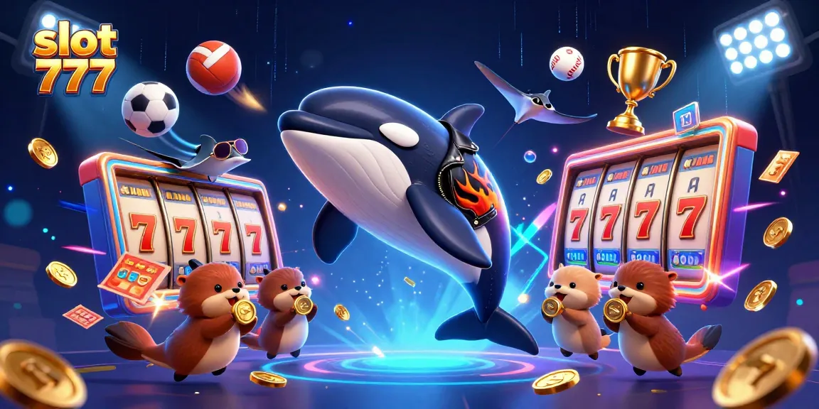 Geng laut merayakan slot 777 dengan koin emas dalam permainan slot yang meriah di latar belakang yang cemerlang.