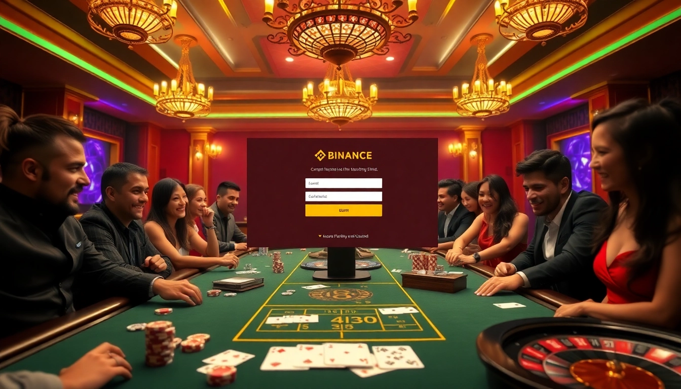 Engaging scene of excited players at a casino table, emphasizing 바이낸스 회원가입 within a vibrant gambling atmosphere.