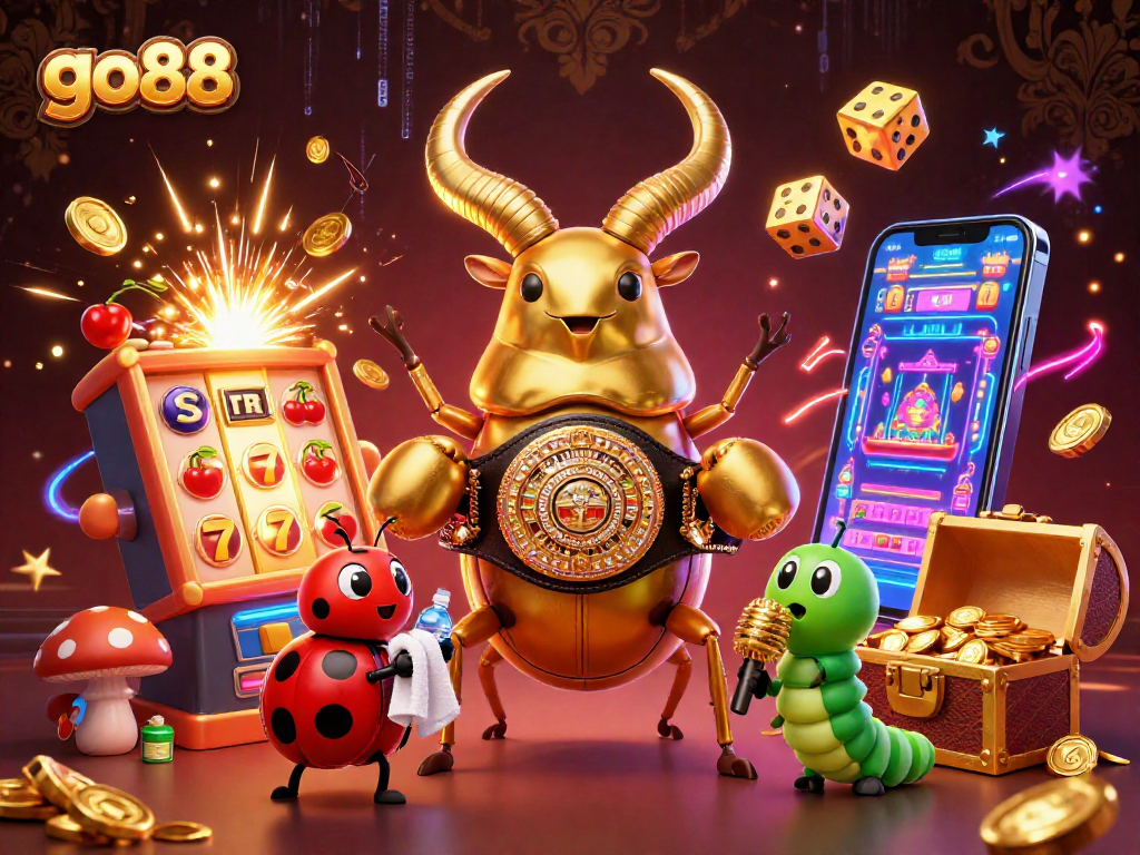 Experience excitement with go88's dynamic 3D casino scene featuring a stunning beetle boxing champion.