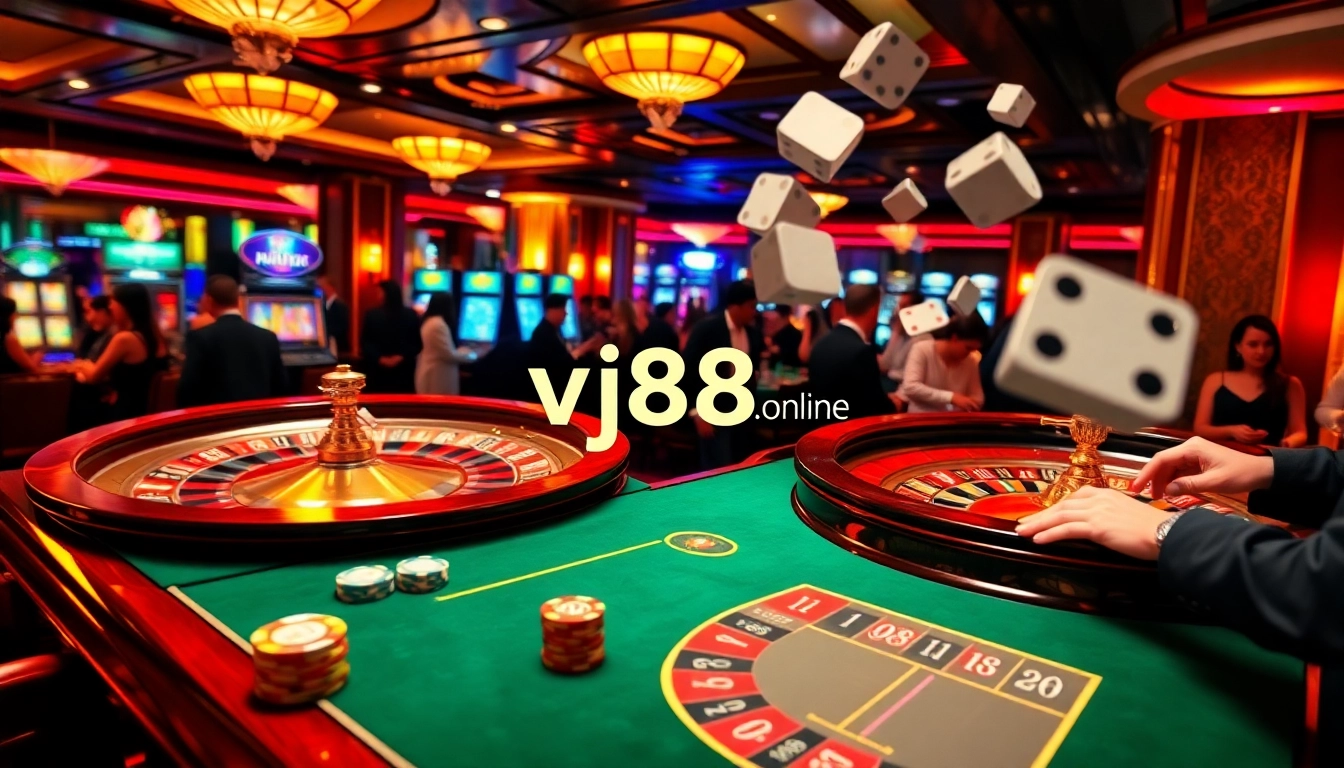 Excited gamblers at a vibrant poker table and roulette wheel scene at vj88.online's virtual casino.