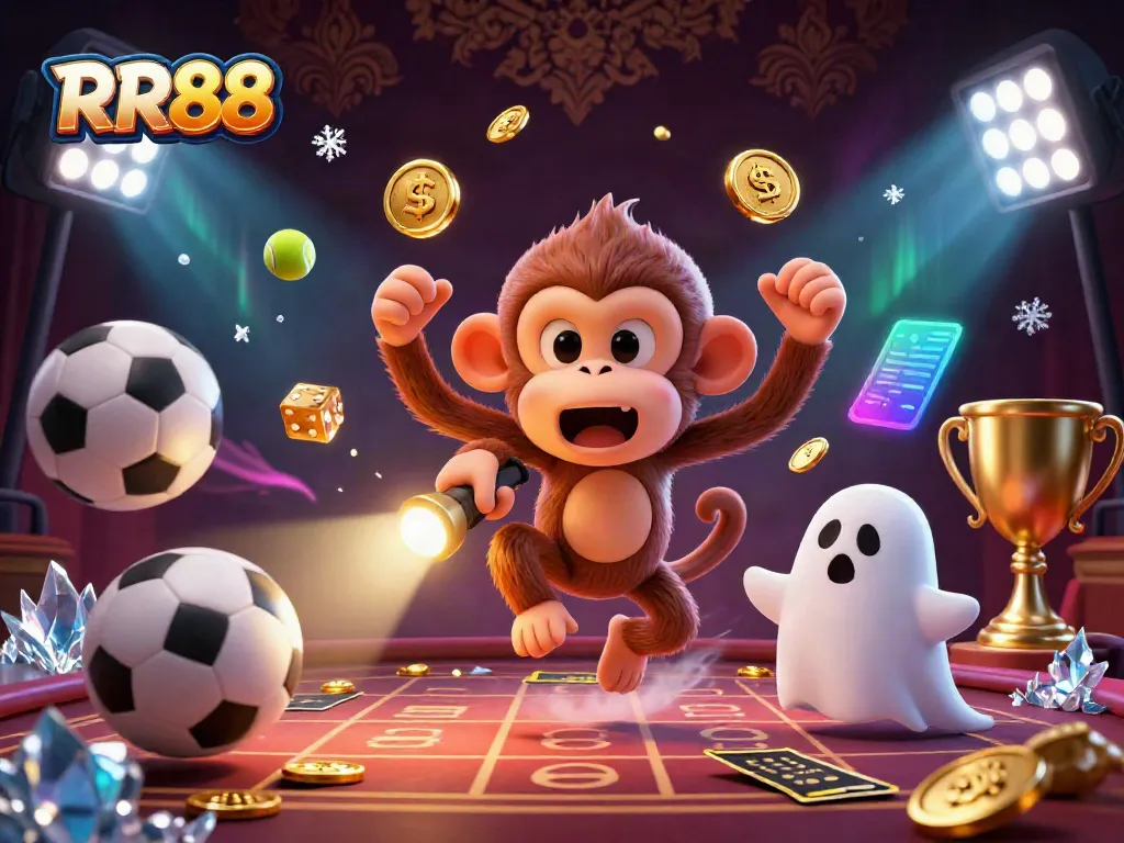 Experience thrilling games at RR88 casino, where golden monkey juggles luck in a haunted atmosphere.