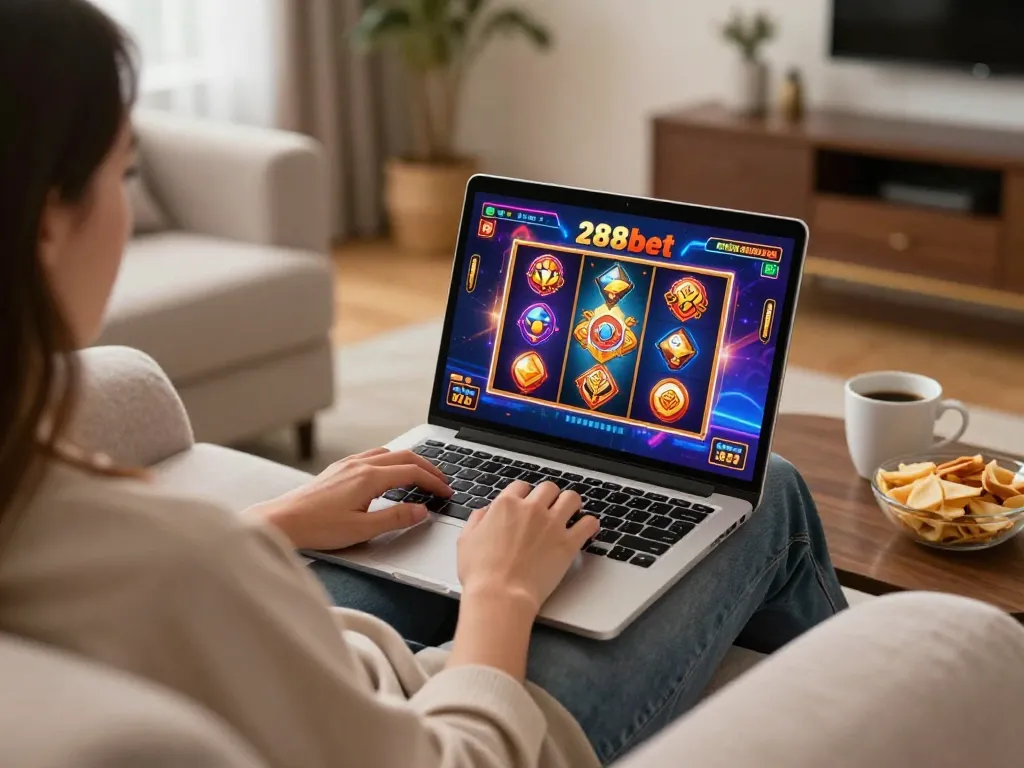 Engaging gaming experience on 388bet with joyful player enjoying online slot games at home.