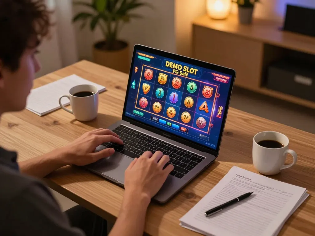 Berinteraksi dengan Demo Slot PG Soft di laptop dalam lingkungan permainan rumah yang nyaman.