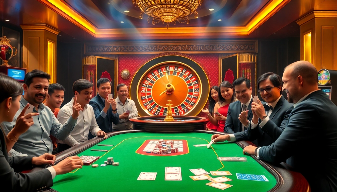 MM88 gamblers enjoying an exciting game of poker in a luxurious casino setting.