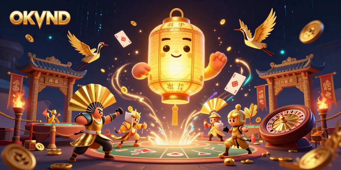Experience the excitement of OKVND casino gaming with a vibrant illustration of a 3D golden lantern spirit among dynamic casino elements.