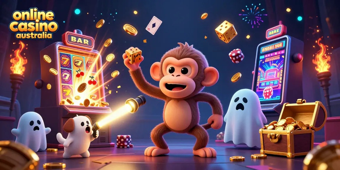 Online casino Australia scene depicting a playful poltergeist monkey and ghost-hunter puppy amidst vibrant casino elements.