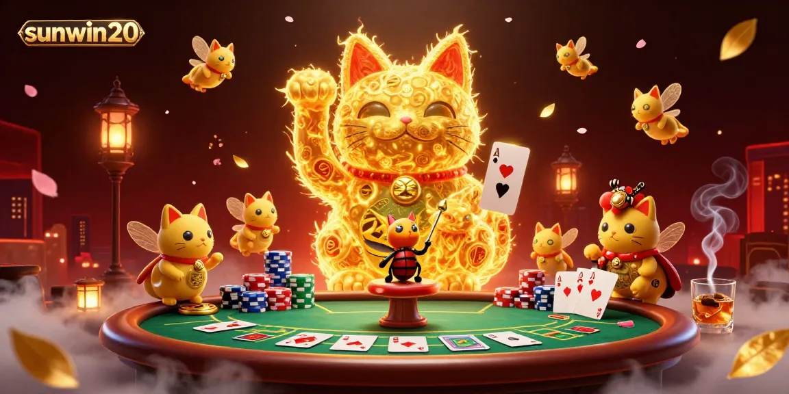 Experience thrilling wins with sunwin20 in a vibrant casino scene featuring a lucky cat and poker elements.