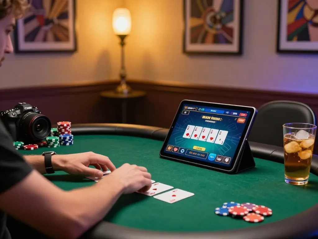 Engaged player using Sunwin app for online poker with lively atmosphere and snacks nearby.