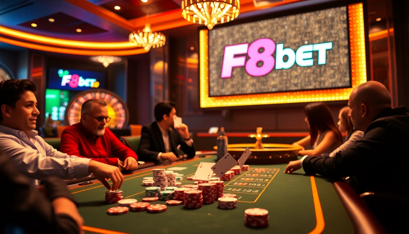 Players engaging at a vibrant F8BET poker table showcasing excitement and vibrant casino visuals.