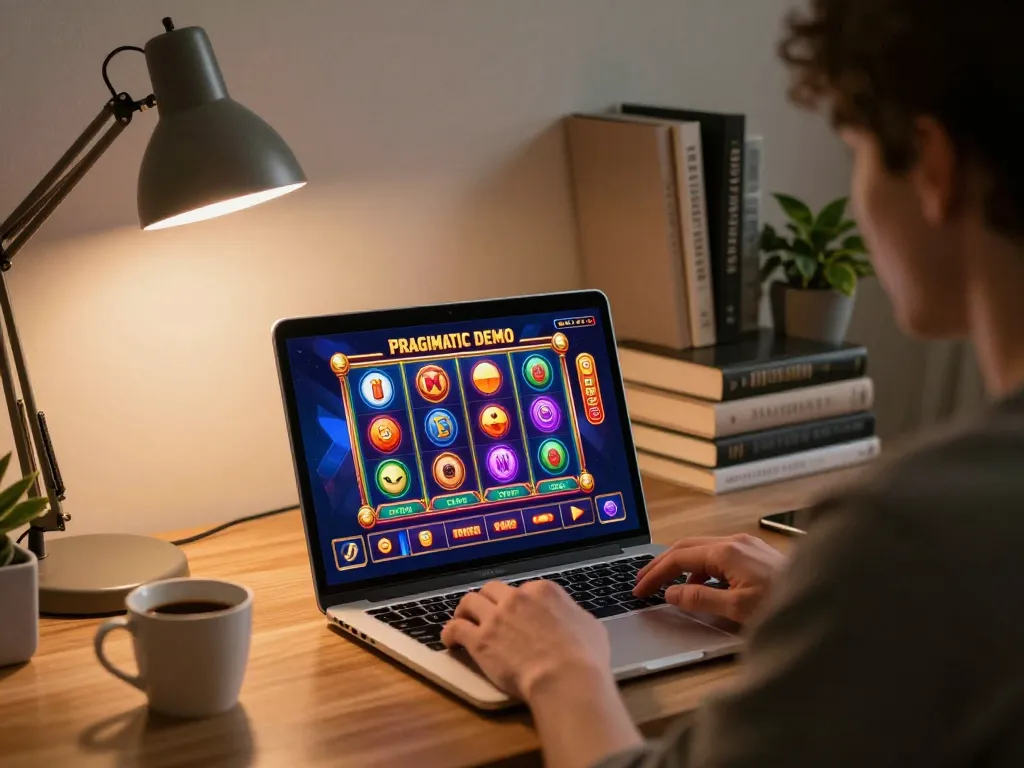 Enjoying a Pragmatic Demo session at home on a laptop, cozy and immersive online gaming atmosphere.