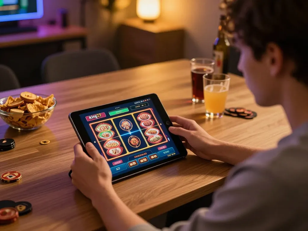 Engaged player exploring king33's casino app on tablet, showcasing vibrant online gaming experience.