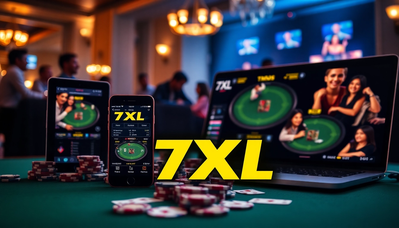 וידאו מרתק של ממשק אפליקציית הורדת 7XL על מספר מכשירים, המציג משחק פוקר דינמי.