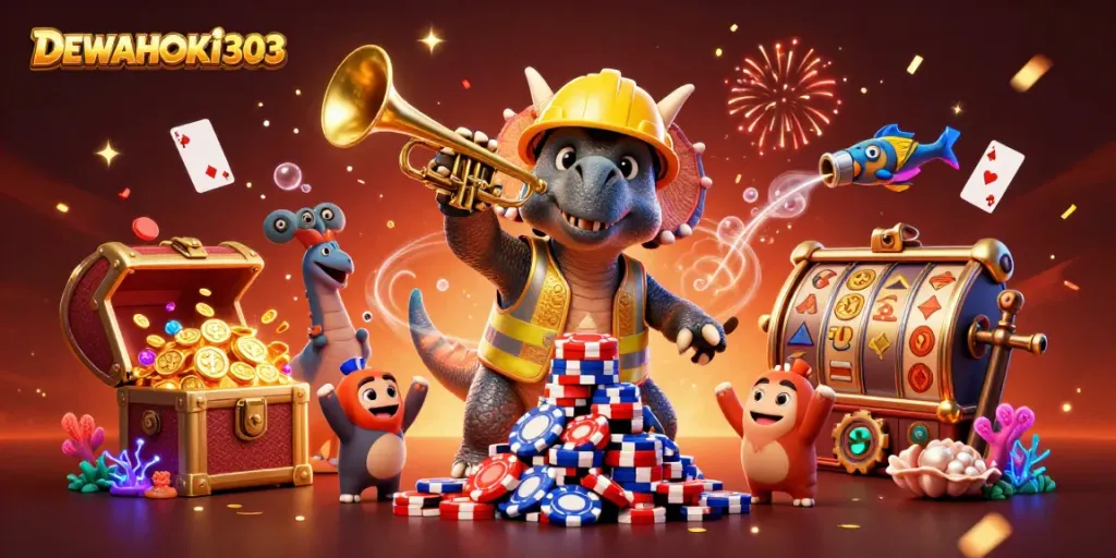 DEWAHOKI303 menghidupkan konstelasi slot dengan triceratops membangun tumpukan chip poker dan merayakan kemenangan.