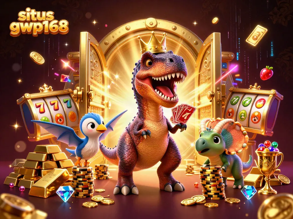 Permainan menarik situs gwp168 dengan T-Rex yang sedang menggenggam kartu di kasino yang penuh keberuntungan.