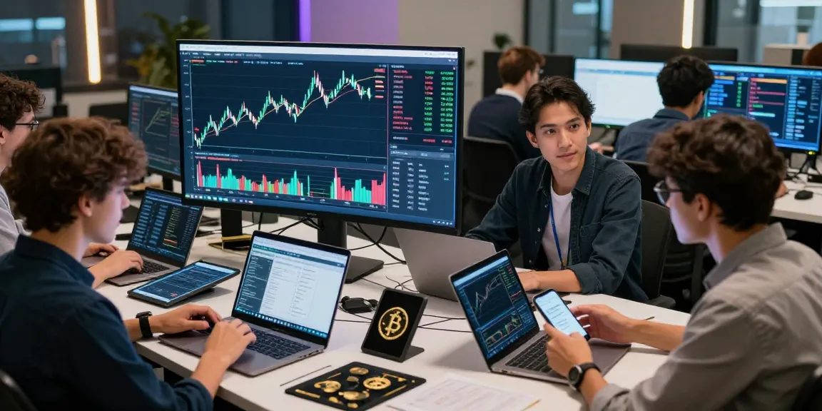 Торговая площадка BitMEX с активными трейдерами на фоне цифровых графиков.