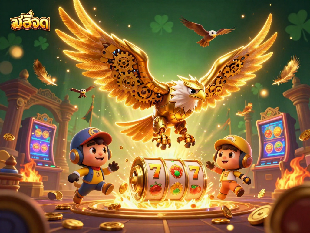 Experience exciting สล็อต gameplay with a cybernetic eagle and vibrant slot machine in action.