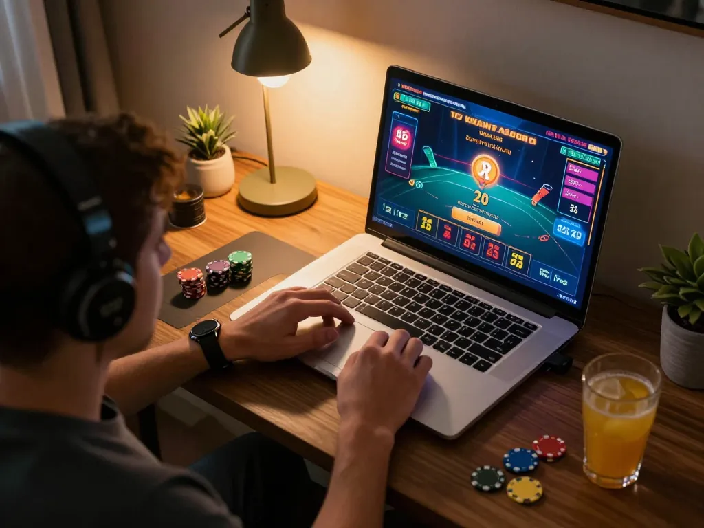 IDNSCORE player engaging in thrilling online blackjack game from a cozy home setup.