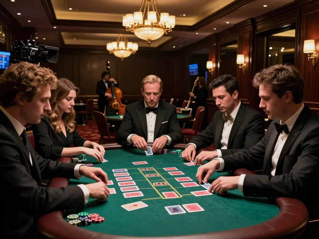 god55vn players strategically calculating bets at a lively blackjack table in a luxurious casino