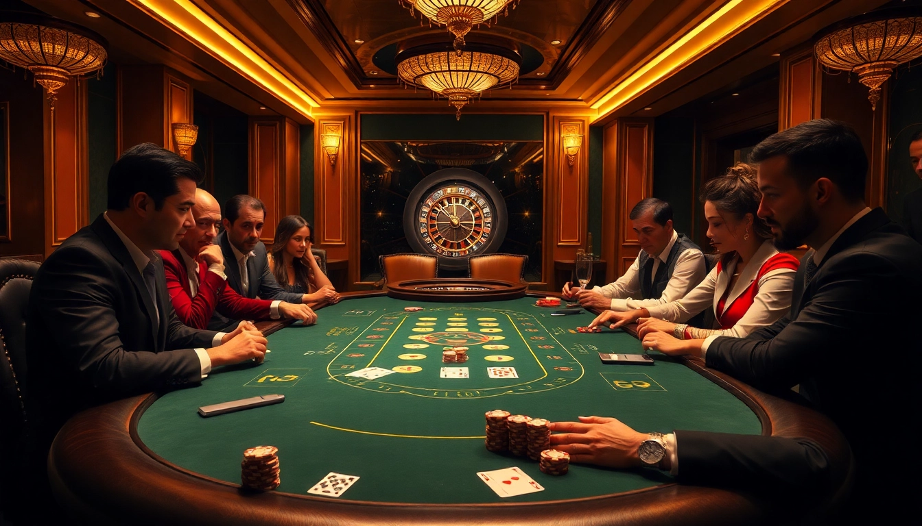 High-stakes poker game at https://bj66.at with professional gamblers and elegant casino ambiance.