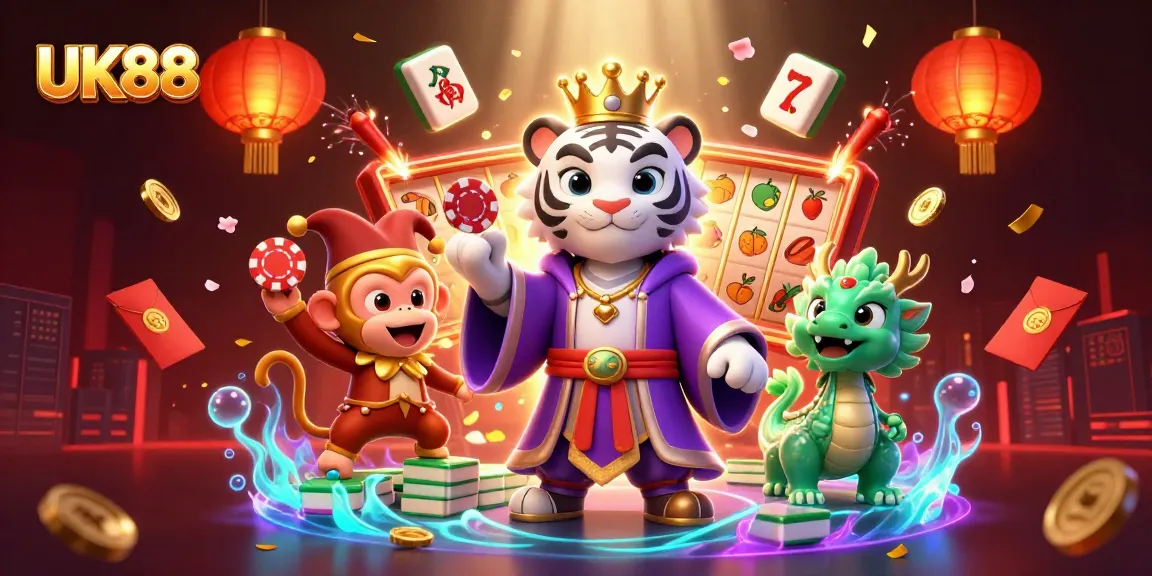 Play poker with UK88's vibrant 3D illustration, featuring a royal tiger and playful monkey.