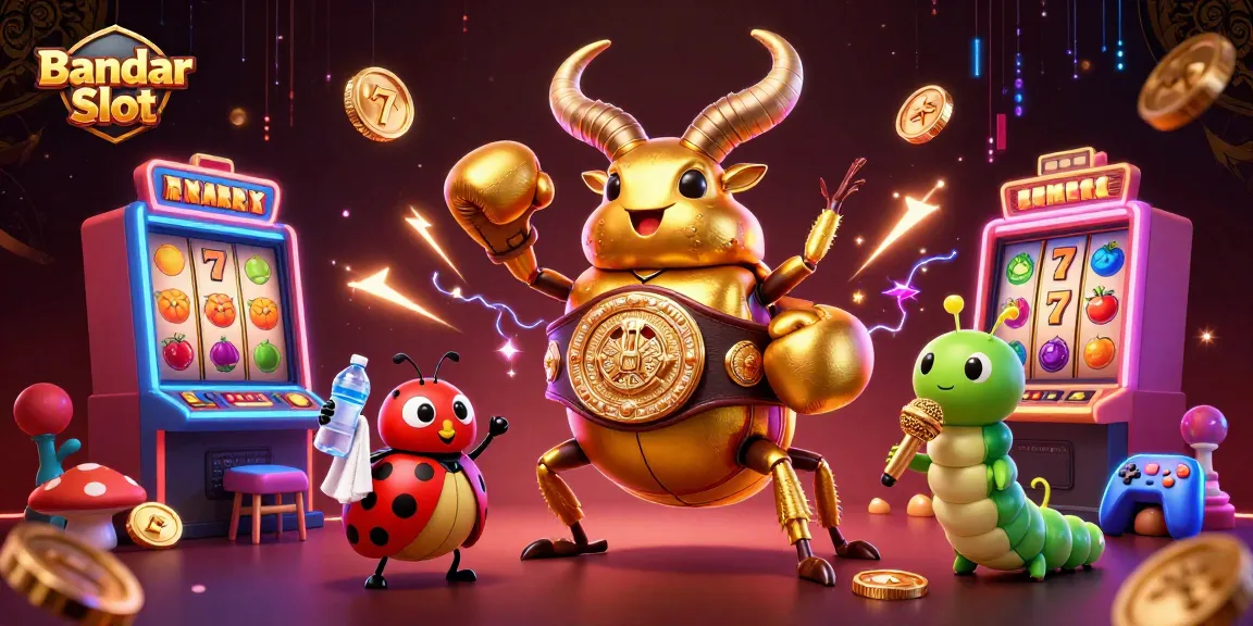 Permainan Bandar Slot dengan 3D kartun gajah kumbang emas dan karakter lainnya di latar belakang cerah