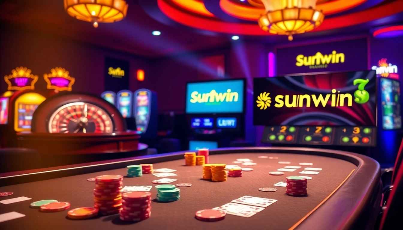 Experience the thrill of Sunwin gaming with vibrant slot machines and poker tables.