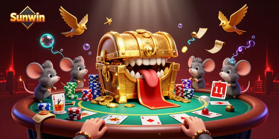 Sunwin offers vibrant gambling experiences with a treasure chest enticing adventurer mice amidst poker action.