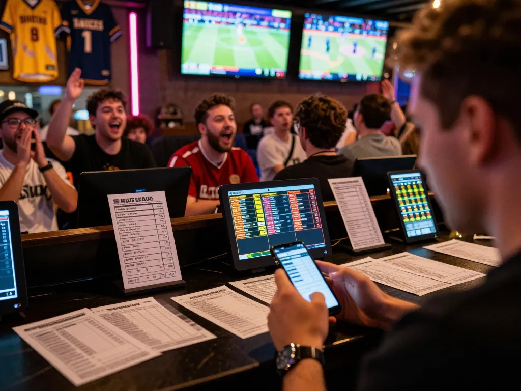 Person engaged in sports betting using keonhacai mobile app at a lively sports bar