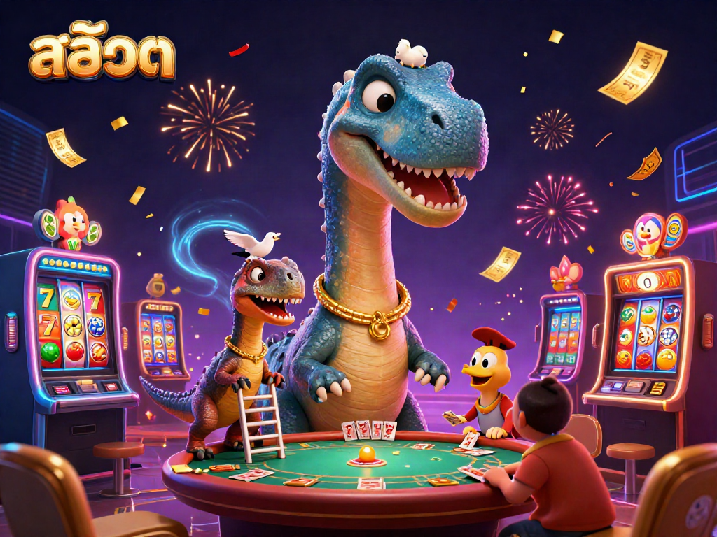Engage in thrilling สล็อต action with a vibrant 3D scene of a dinosaur-themed casino.