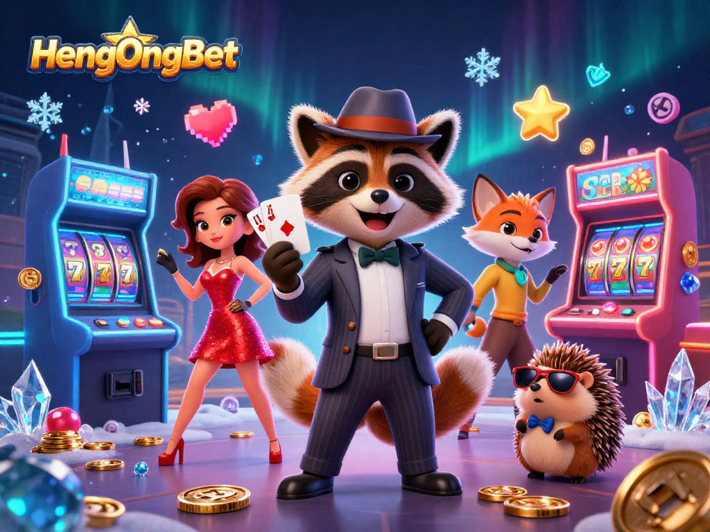 Experience the thrill of winning at HengOngBet with a cartoon raccoon and fox in a vibrant casino scene.