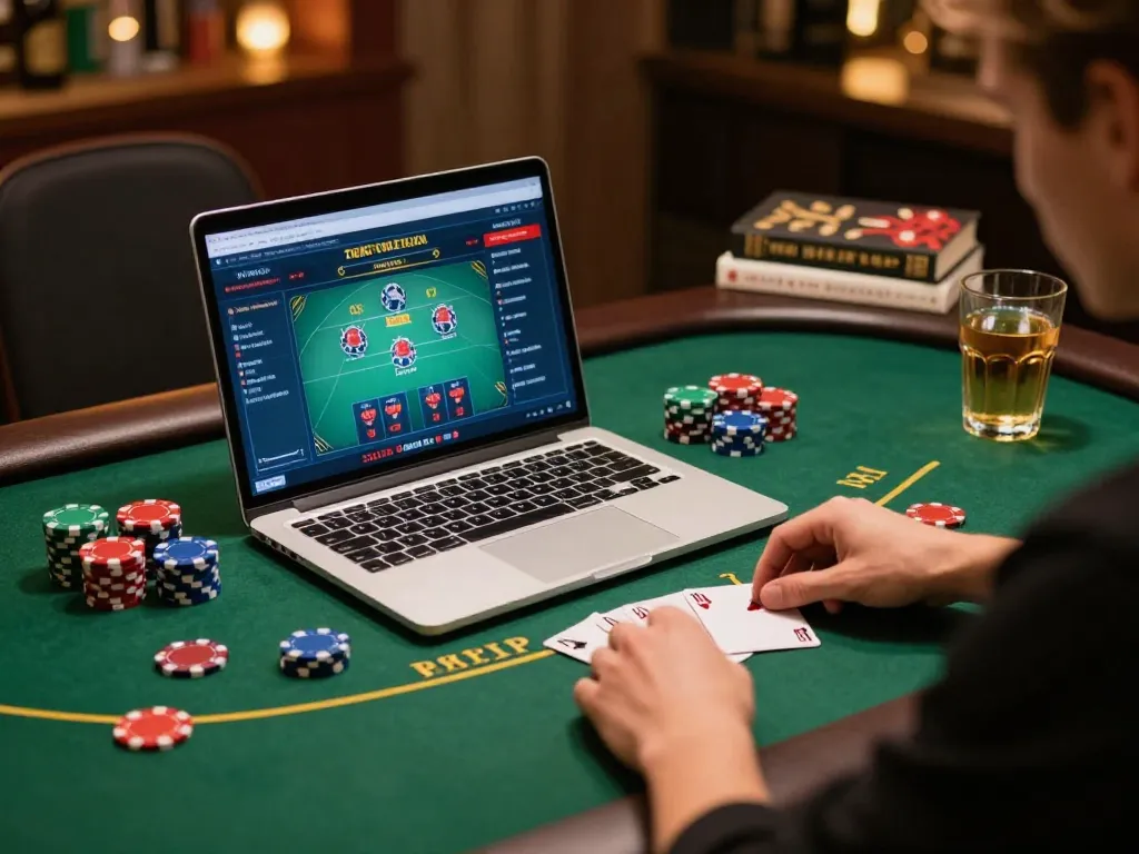 Player enjoying online poker at sc88 casino with chips and strategic notes visible.