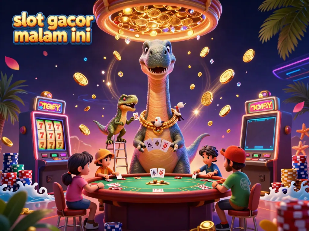 Experience the excitement of slot gacor malam ini with a whimsical 3D casino illustration featuring vibrant characters and rich game elements.