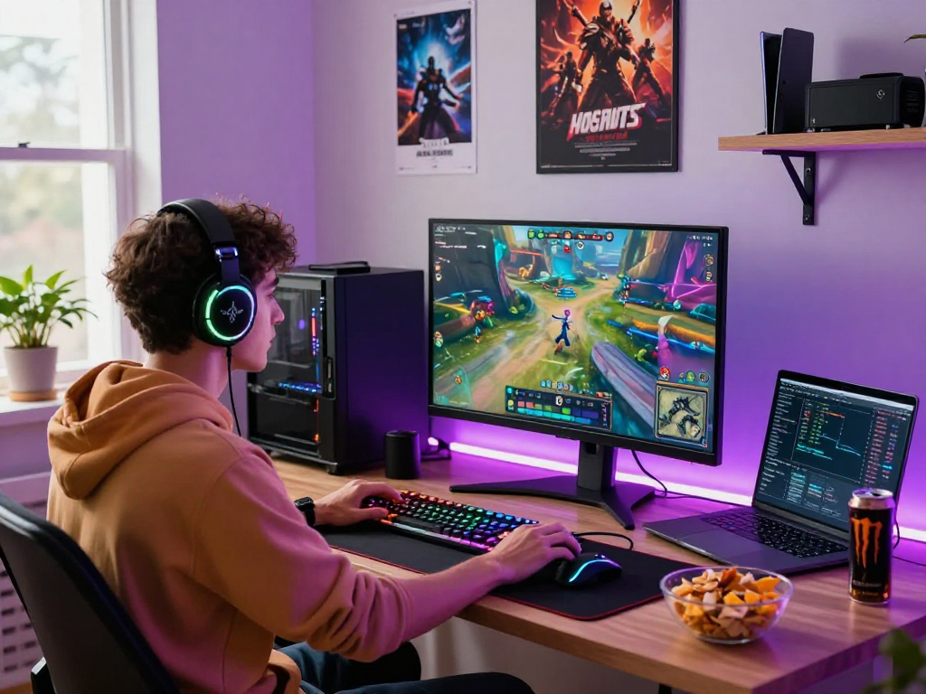 Gamer engaged in a fair online gaming experience with vibrant visuals and an inviting atmosphere.