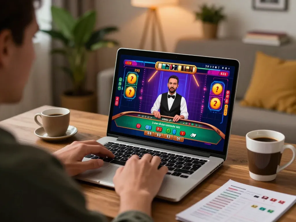 Pemain terlibat dalam permainan dealer langsung Situs Judi Online di rumah, menunjukkan keputusan taruhan yang strategis.