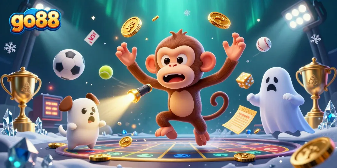 Experience the excitement at go88 with a playful scene of a juggling poltergeist monkey and a curious puppy.