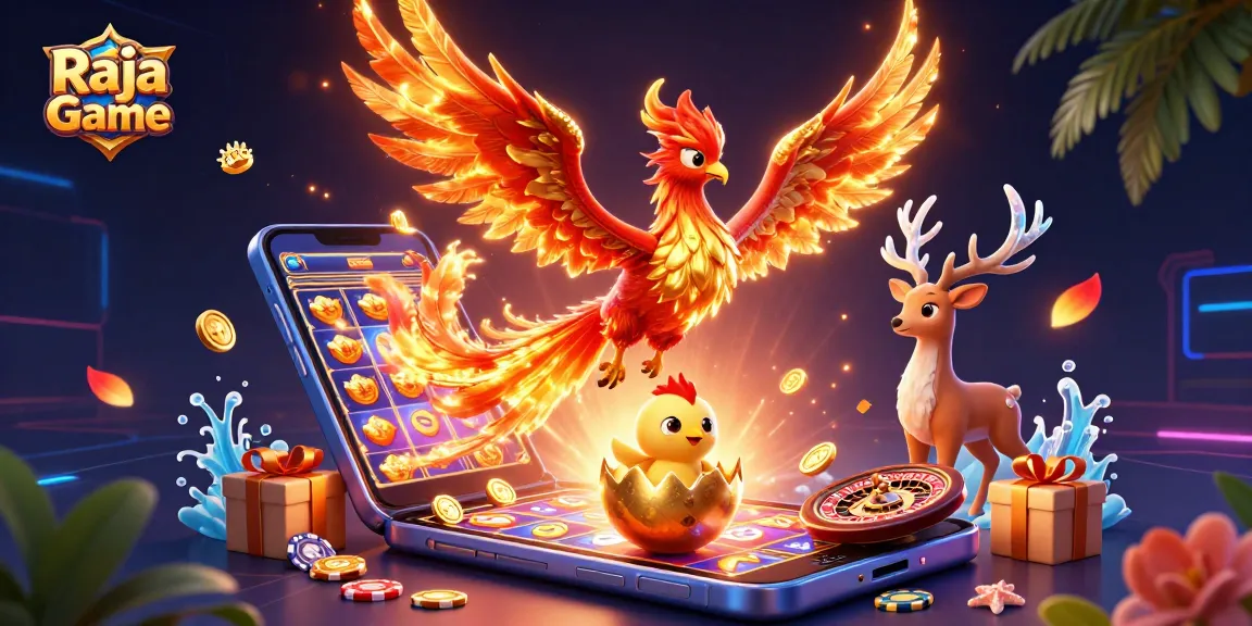 Engage with Raja Game as the phoenix soars over vibrant slot games, coins, and festive gifts.