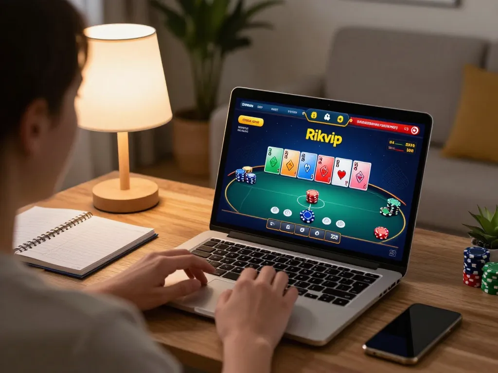 Engaging gaming session at home featuring Rikvip poker game on laptop with strategic notes nearby
