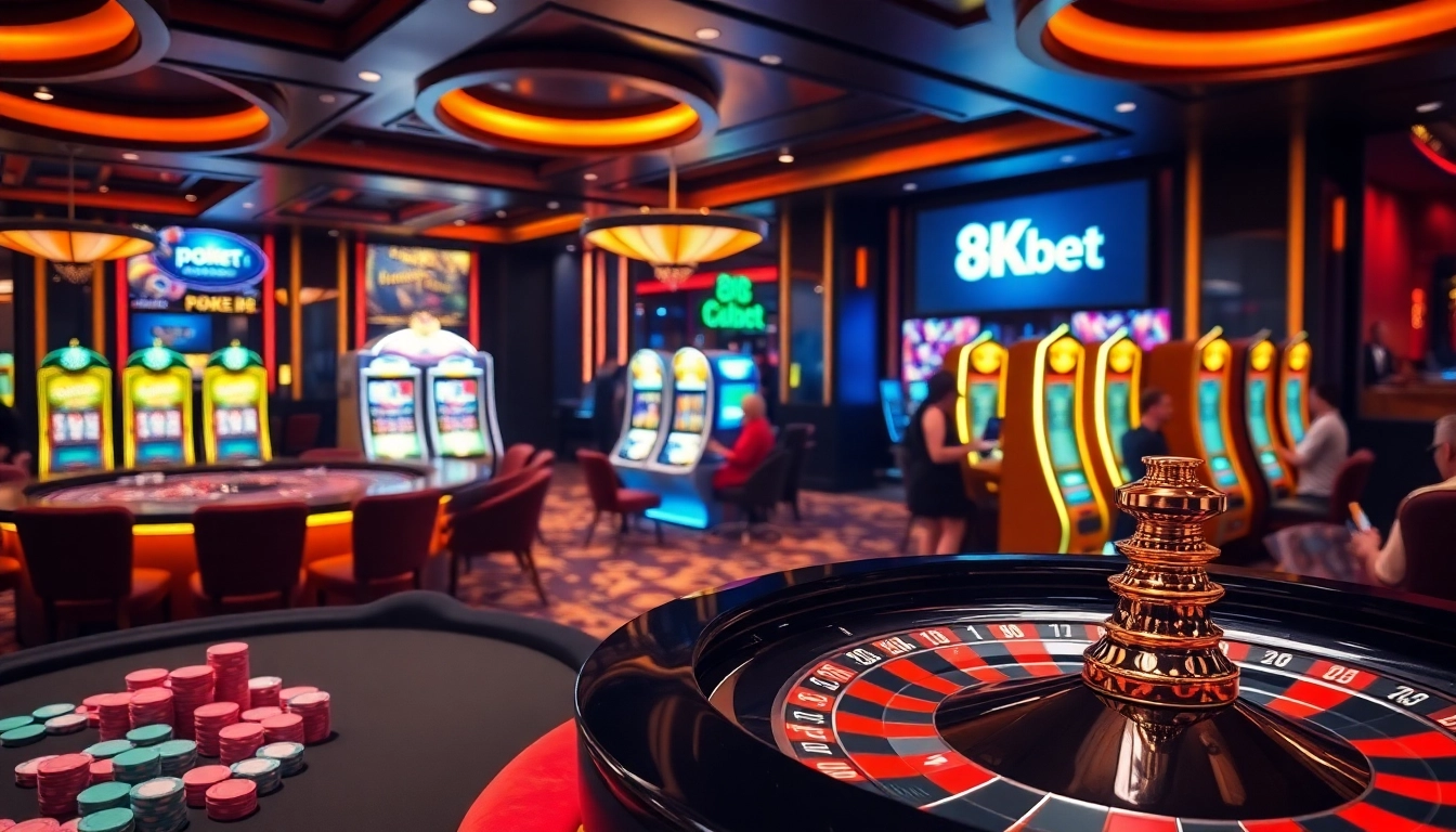 Engage in thrilling gameplay at 8kbet's luxurious casino atmosphere with vibrant roulette wheels and poker tables.