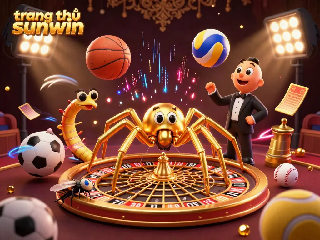 Spinning roulette wheel web with a golden spider at trang chủ sunwin, featuring dynamic sports elements and a nervous fly.