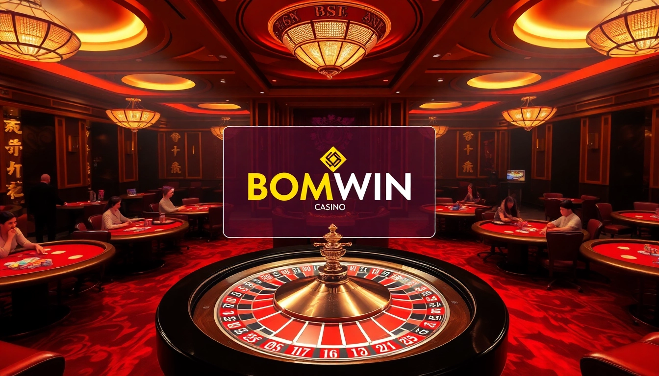 A thrilling casino setting with the BOMWIN logo, showcasing vibrant poker tables and roulette wheels.