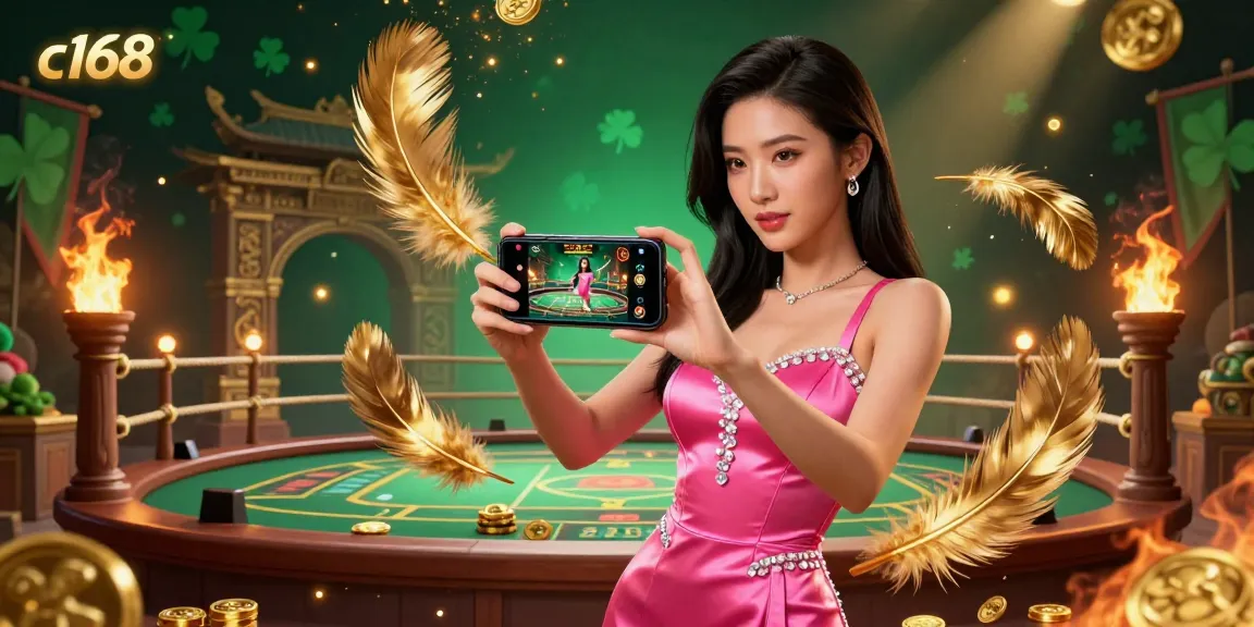 Experience thrilling gaming action at c168 with a stunning Asian woman showcasing live dealer games on her smartphone amidst dynamic casino elements.
