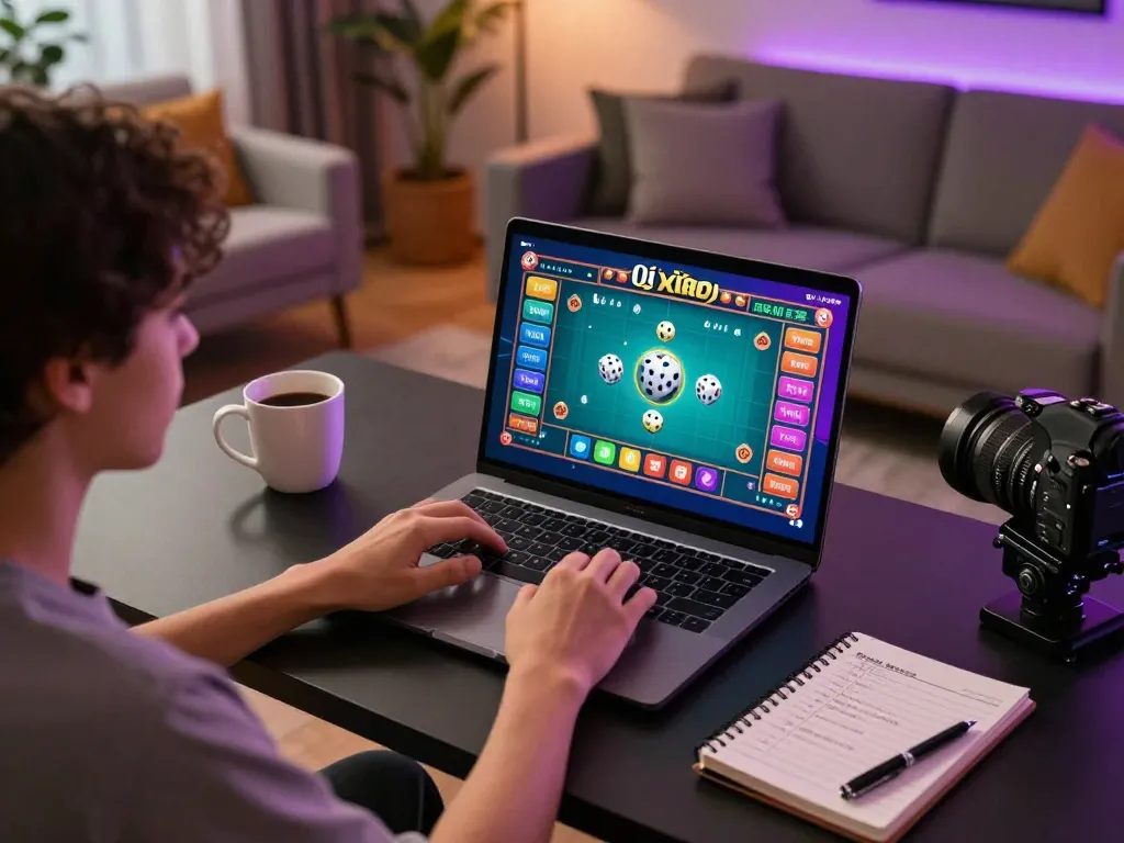 Engaged in playing tài xỉu online, a player analyzes game strategies on a laptop in a cozy home setup.