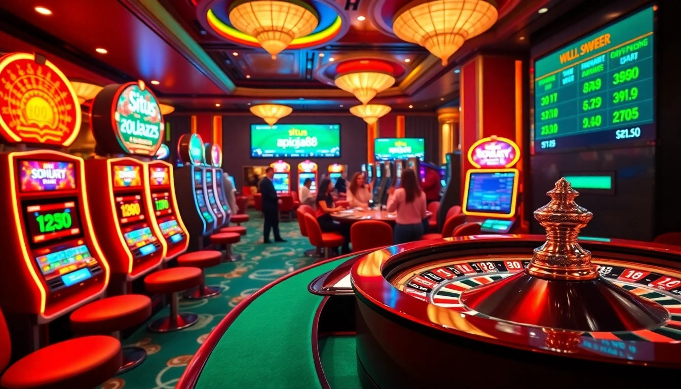Gamblers enjoying the experience at situs apiraja88, vibrant casino atmosphere with slot machines and roulette.