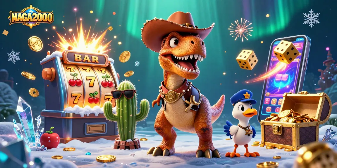 NAGA2000 menampilkan adegan kasino 3D yang cerah dengan dinosaurus T-Rex, ledakan jackpot, dan suasana permainan yang kaya.