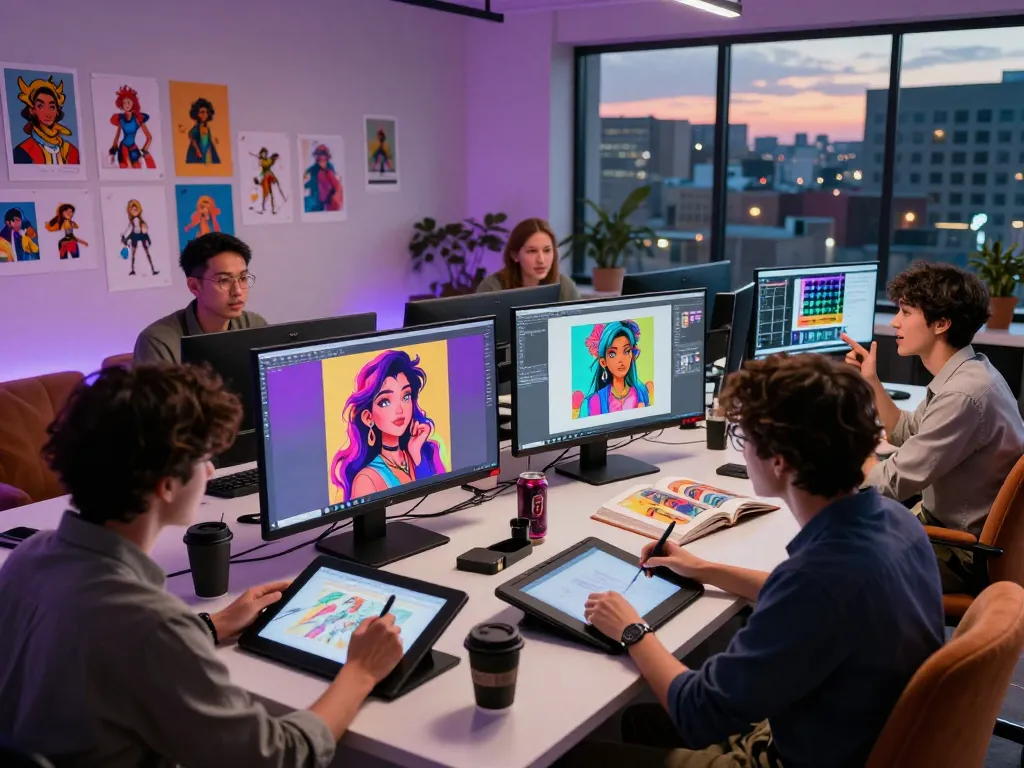 Creative workspace showcasing NSFW AI character design with artists collaborating on vibrant digital art.