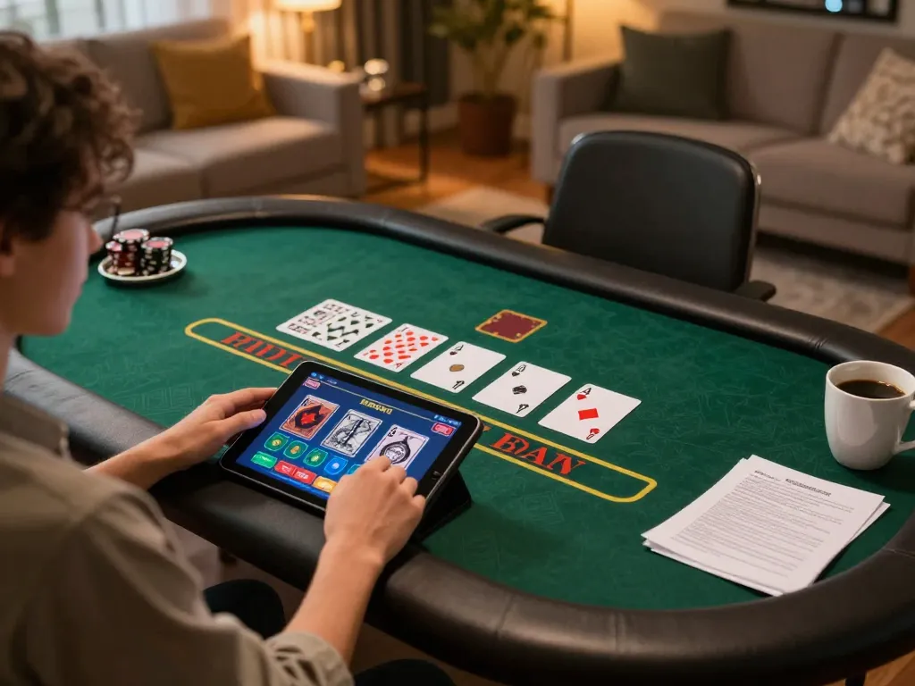 Player enjoying blackjack on a tablet at home, showcasing bk8 online gaming experience
